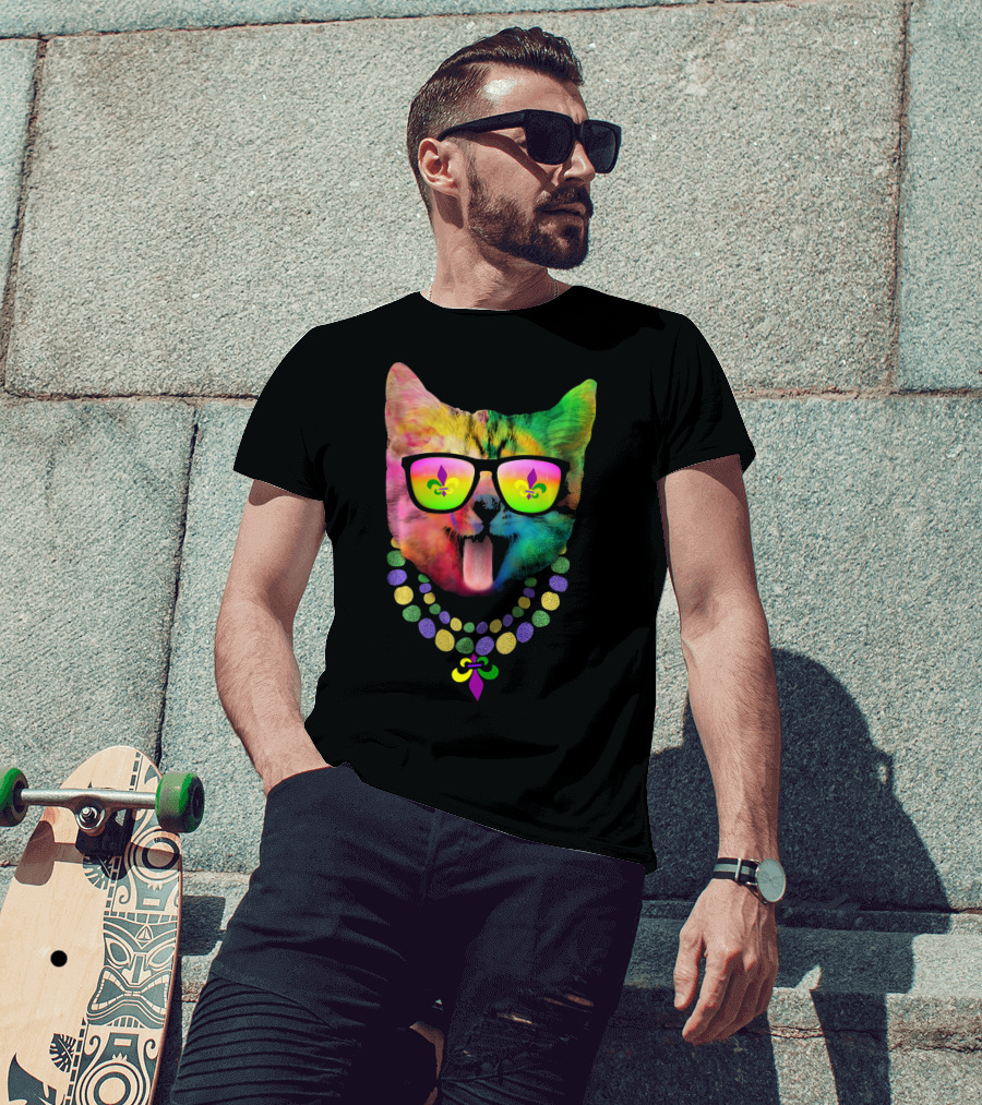 Cool Cat Mardi Gras Costume With Colorful Beads And Sunglasses Fleur-de-Lis T-Shirt