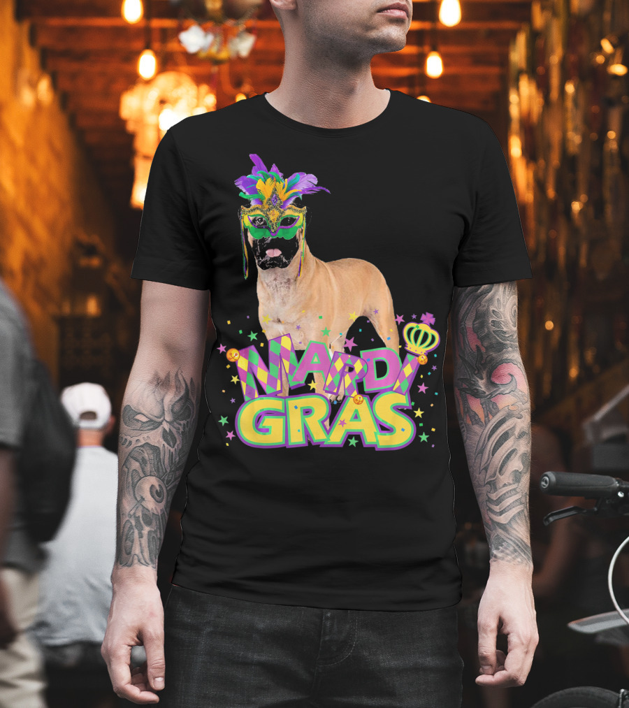 Mardi Gras Bullmastiff Mask Feathers Stars T-Shirt