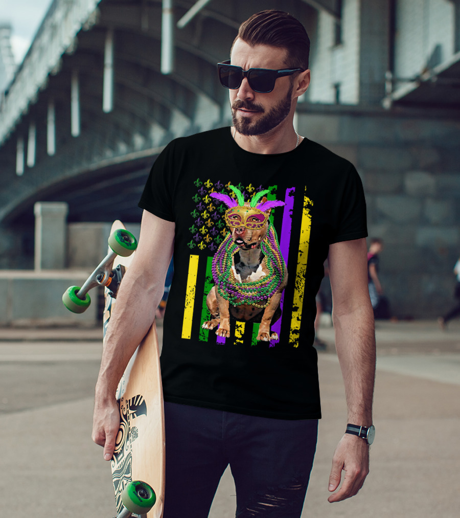 Pitbull Wearing Mardi Gras Beads And Mask With American Flag And Fleur De Lis T-Shirt