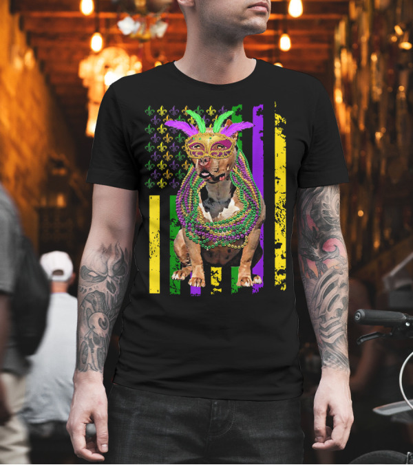 Pitbull Wearing Mardi Gras Beads and Mask with American Flag and Fleur de Lis T-Shirt Pitbull Wearing Mardi Gras Beads and Mask with American Flag and Fleur de Lis T-Shirt
