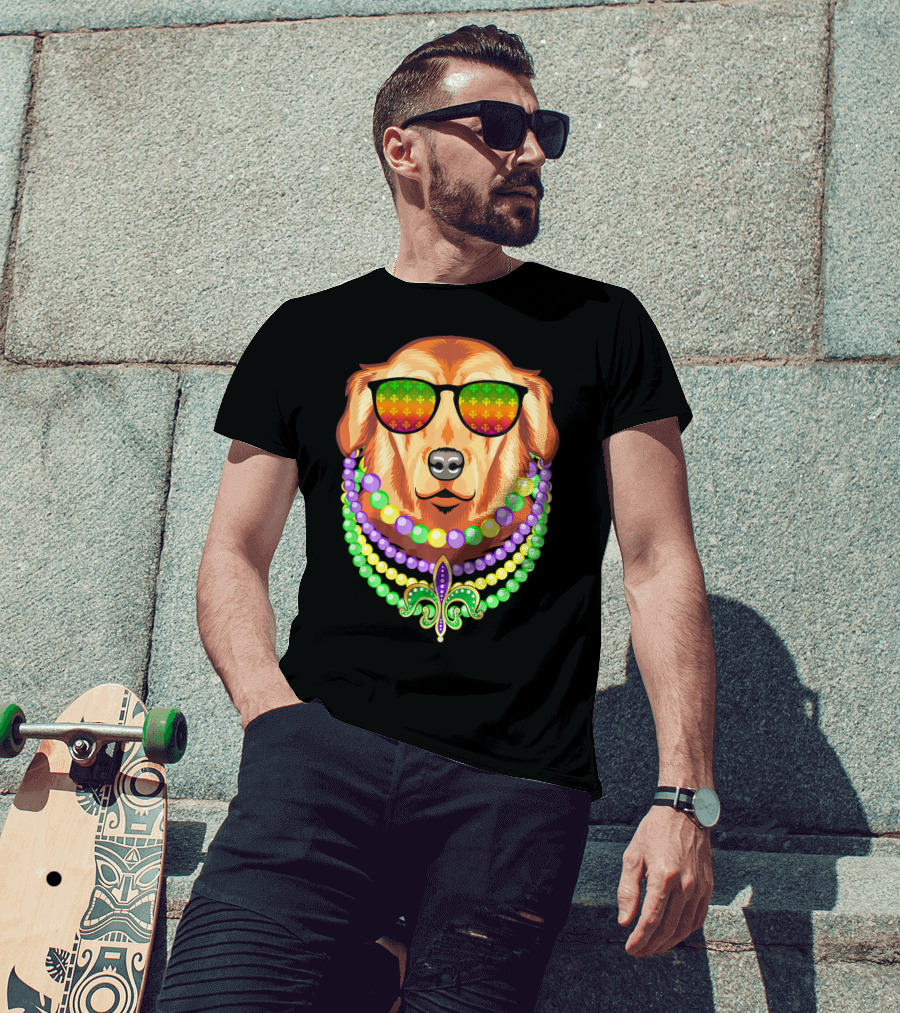 Beads And Golden Retriever Mardi Gras Fleur-de-Lis Colorful Glam Co T-Shirt