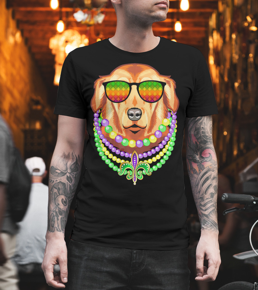Beads and Golden Retriever Mardi Gras Fleur-de-Lis Colorful Glam Co T-Shirt