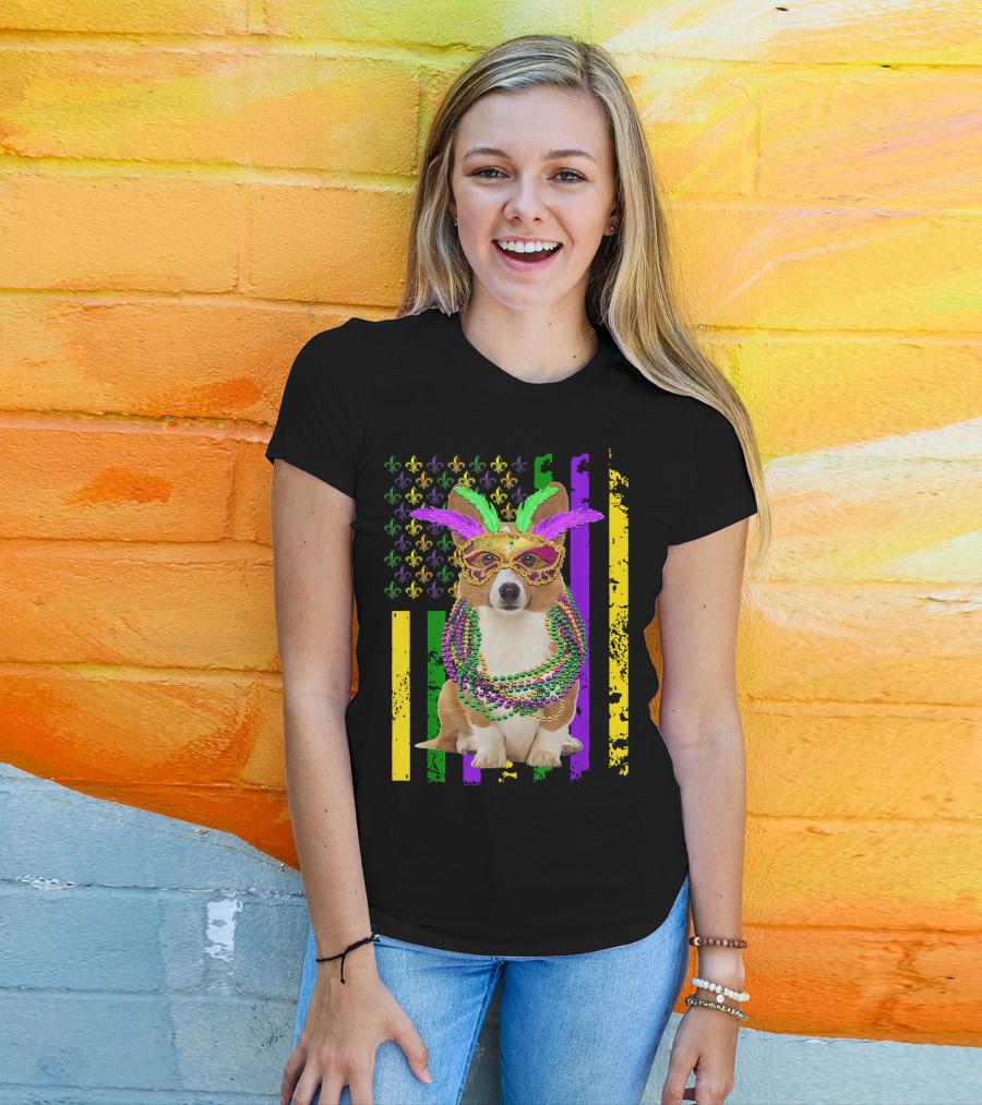 Corgi Mardi Gras American Flag With Beads And Mask T-Shirt
