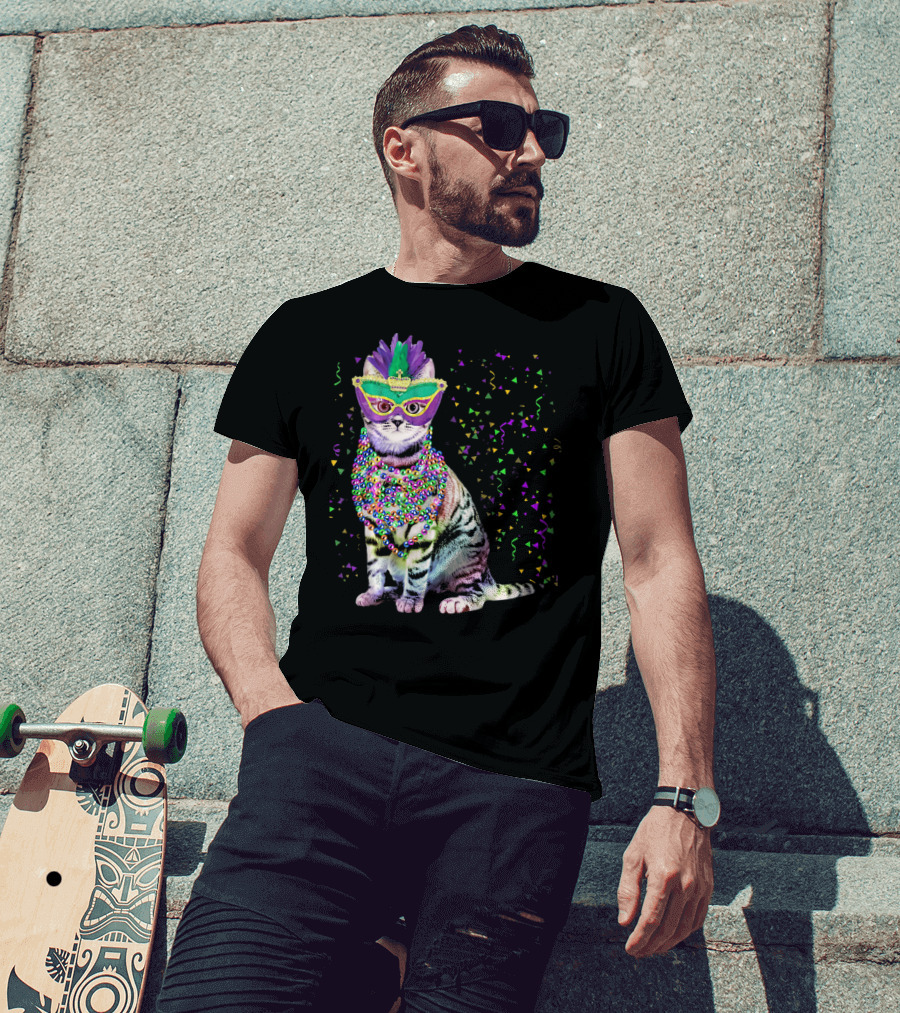Cat Mardi Gras Beads Confetti Mask T-Shirt