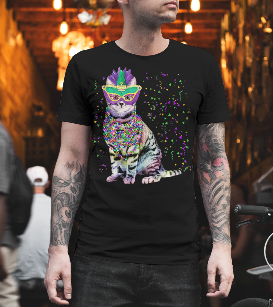 Cat Mardi Gras Beads Confetti Mask T-Shirt