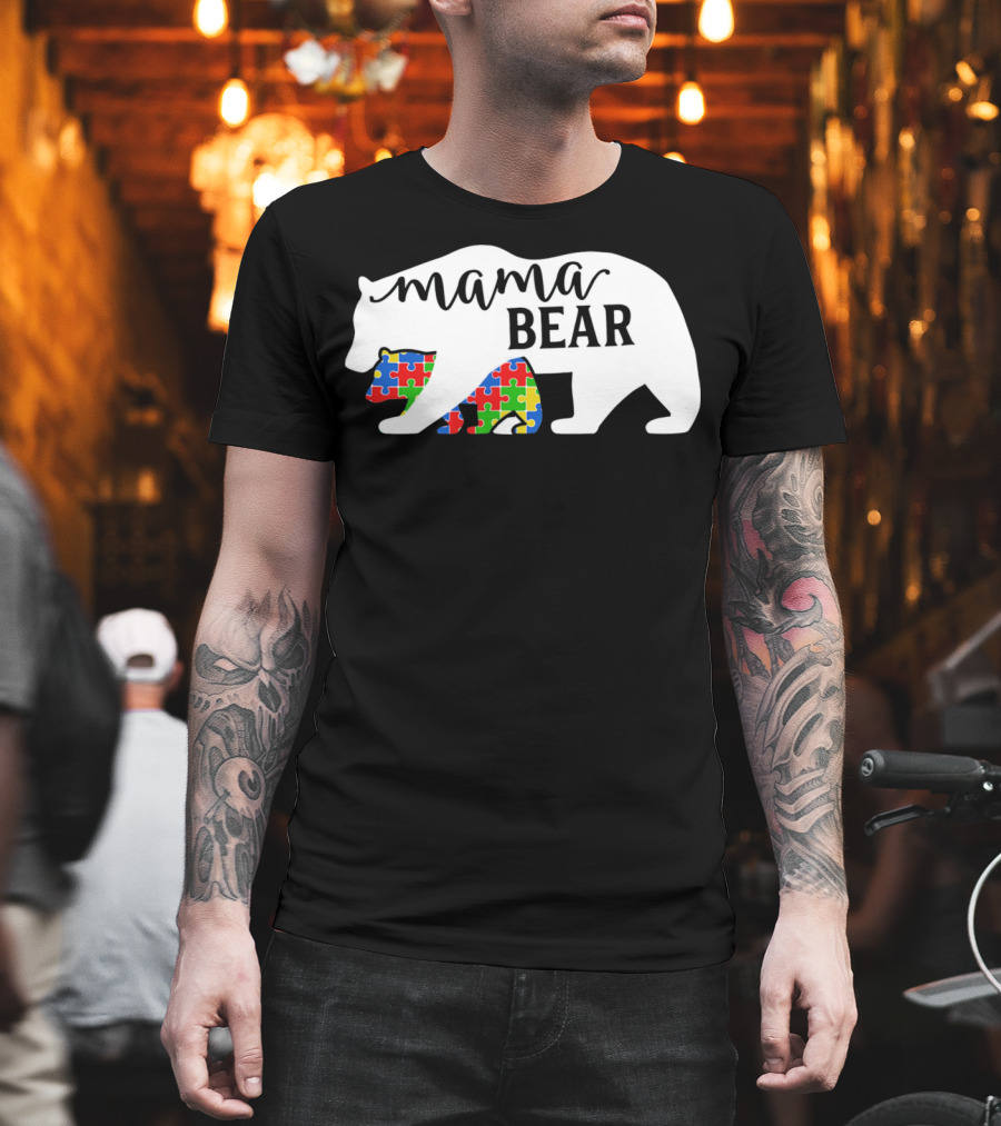 Mama Bear Autism Awareness Month Puzzle Silhouette Fam T-Shirt