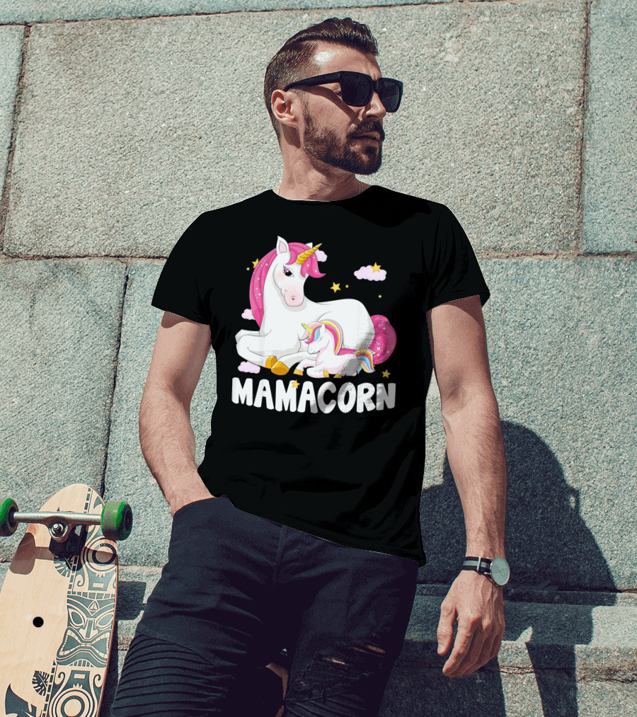 Mamacorn Unicorn New Mom Baby Momm With Stars And Clouds T-Shirt