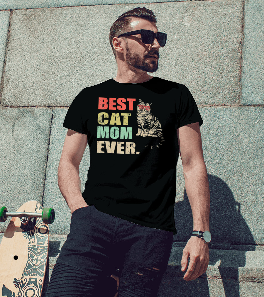 Best Cat Mom Ever Retro Cool Cat Design Matching Family T-Shirt