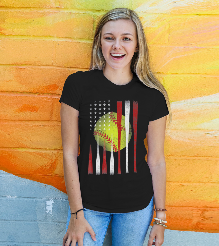 American Flag Vintage Softball Bats Stars Baseball T-Shirt