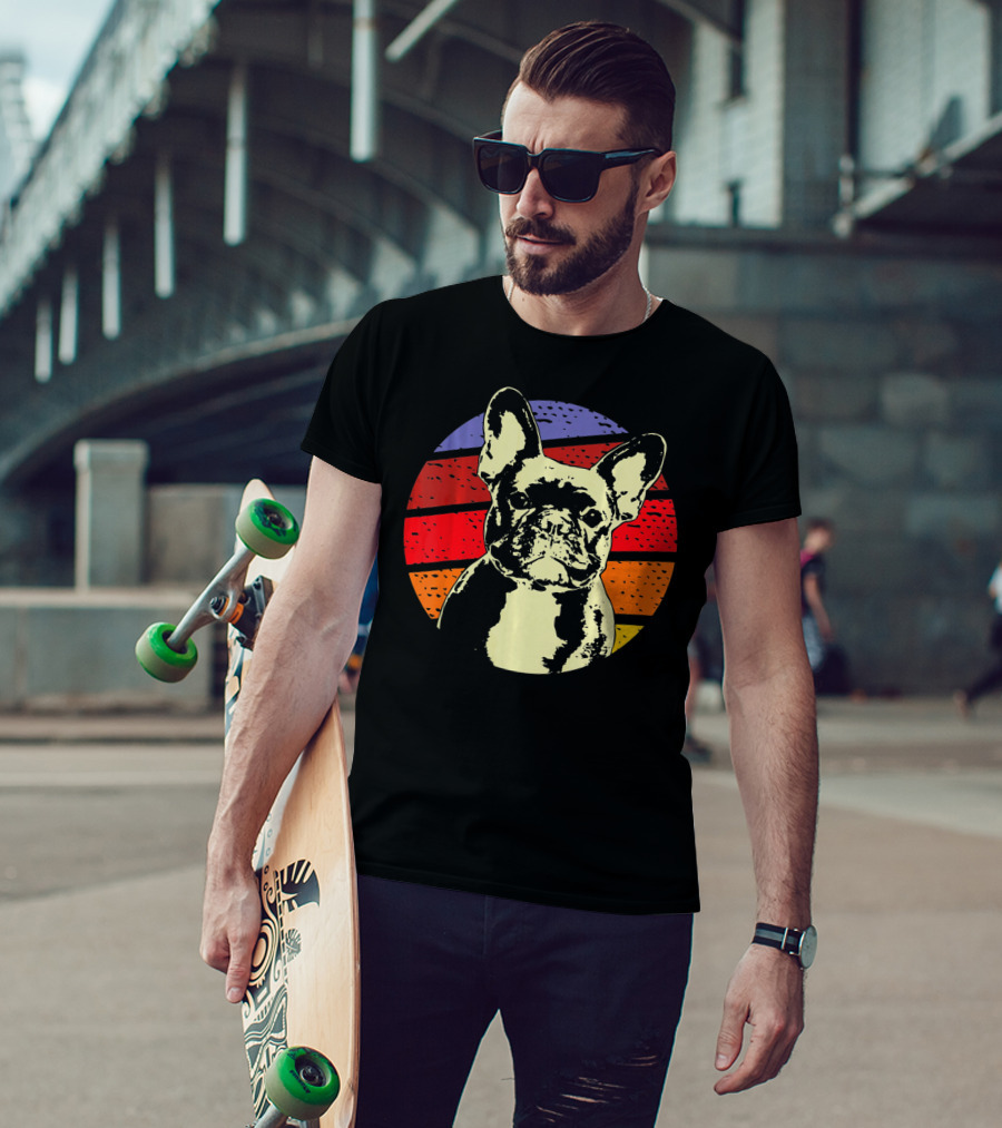 Vintage French Bulldog Dad Retro Colorful Stripes T-Shirt