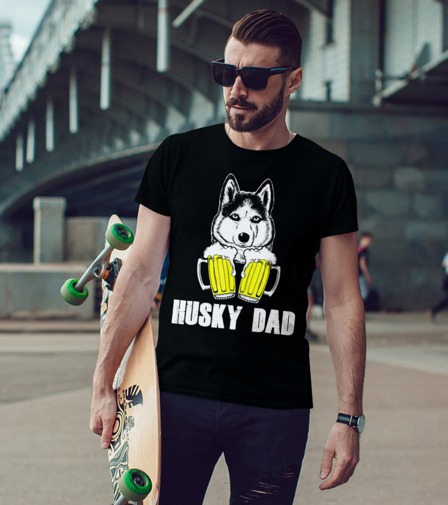 Husky Dad Funny Beer Day With Yellow Beer Mugs T-Shirt