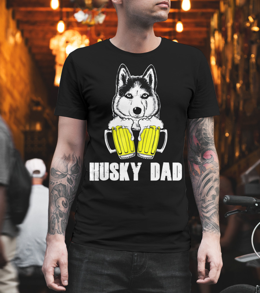 Husky Dad Funny Beer Day with Yellow Beer Mugs T-Shirt