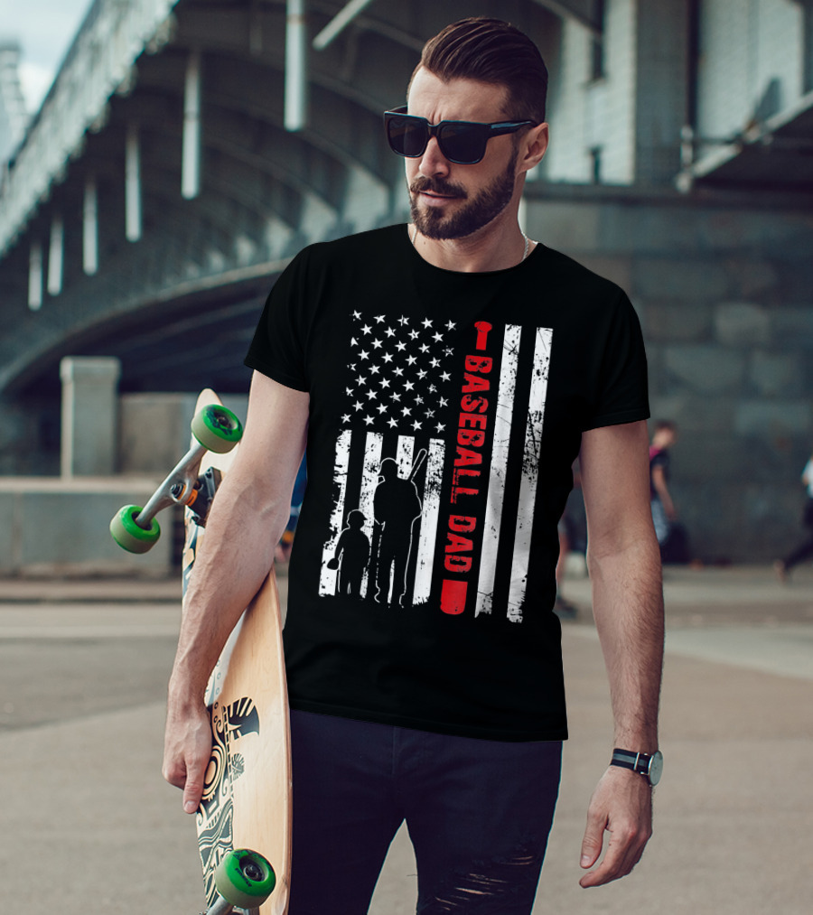 Mens Proud Baseball Dad American Flag Vertical Silhouette And Stars T-Shirt