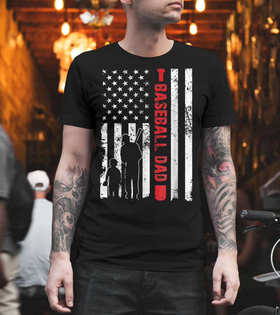 Mens Proud Baseball Dad American Flag Vertical Silhouette And Stars T-Shirt