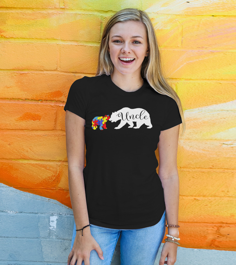 Uncle Bear With Autism Puzzle Bear Design For Awareness Month T-Shirt