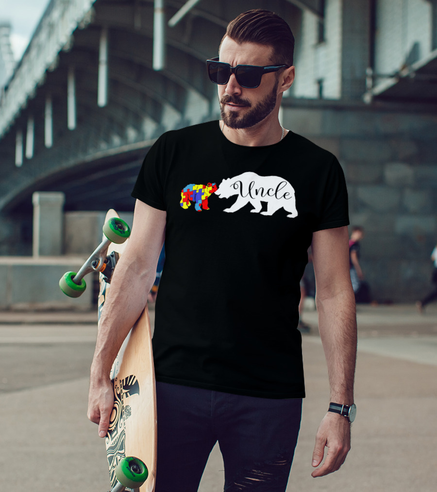 Uncle Bear With Autism Puzzle Bear Design For Awareness Month T-Shirt