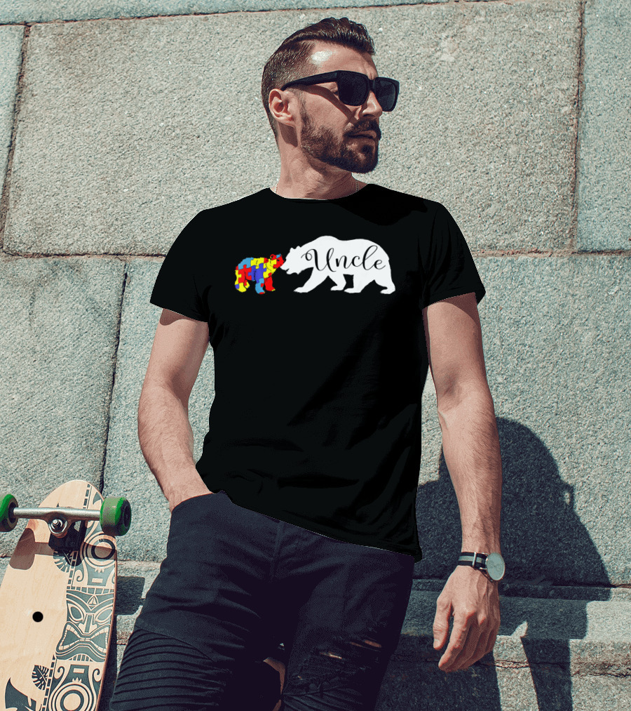 Uncle Bear With Autism Puzzle Bear Design For Awareness Month T-Shirt