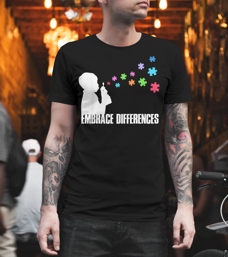 Embrace Differences Support Auti Autism Puzzle Pieces Bubbles T-Shirt