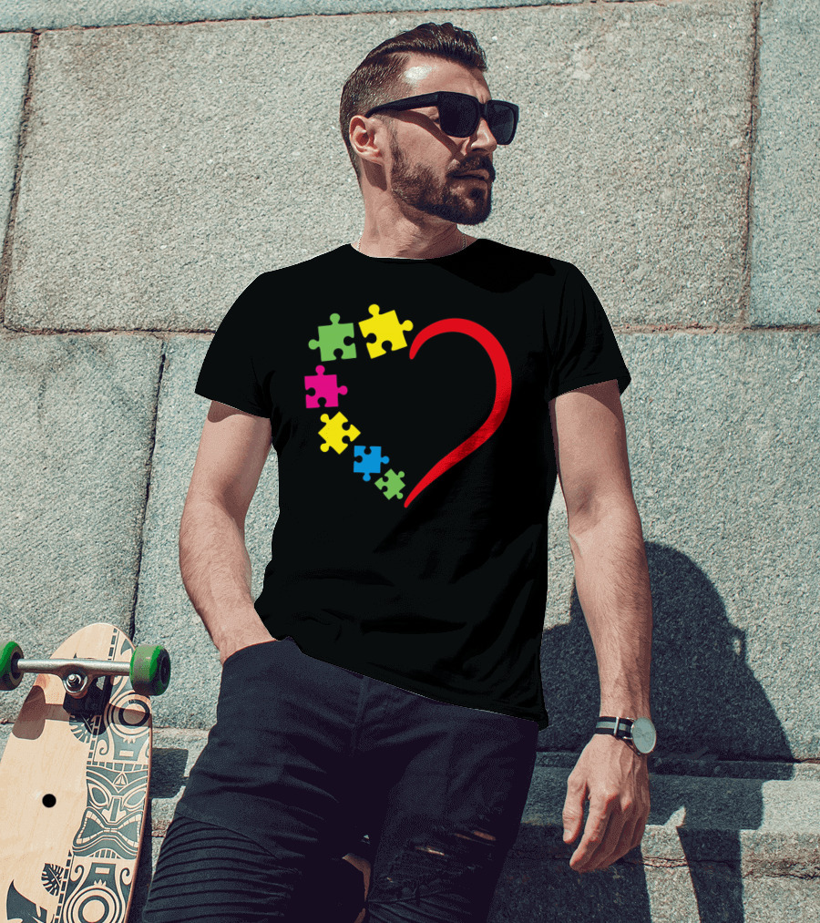 Love Ribbon Heart Puzzle Autism Awareness T-Shirt