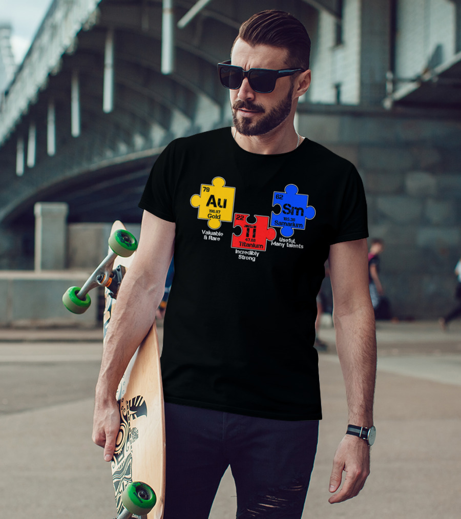 Autism Awareness Day Puzzle Chemical Elements Au Gold Ti Titanium Sm Samarium T-Shirt