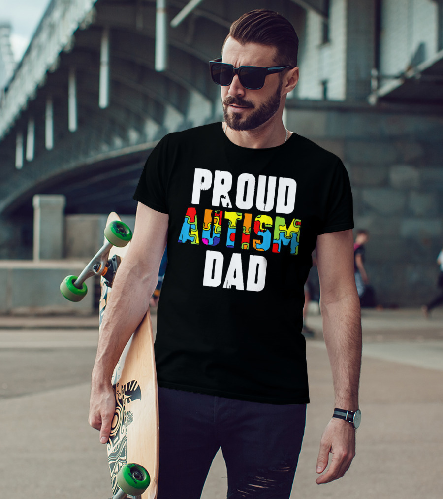 Proud Autism Dad Colorful Puzzle Piece Autism Awareness T-Shirt