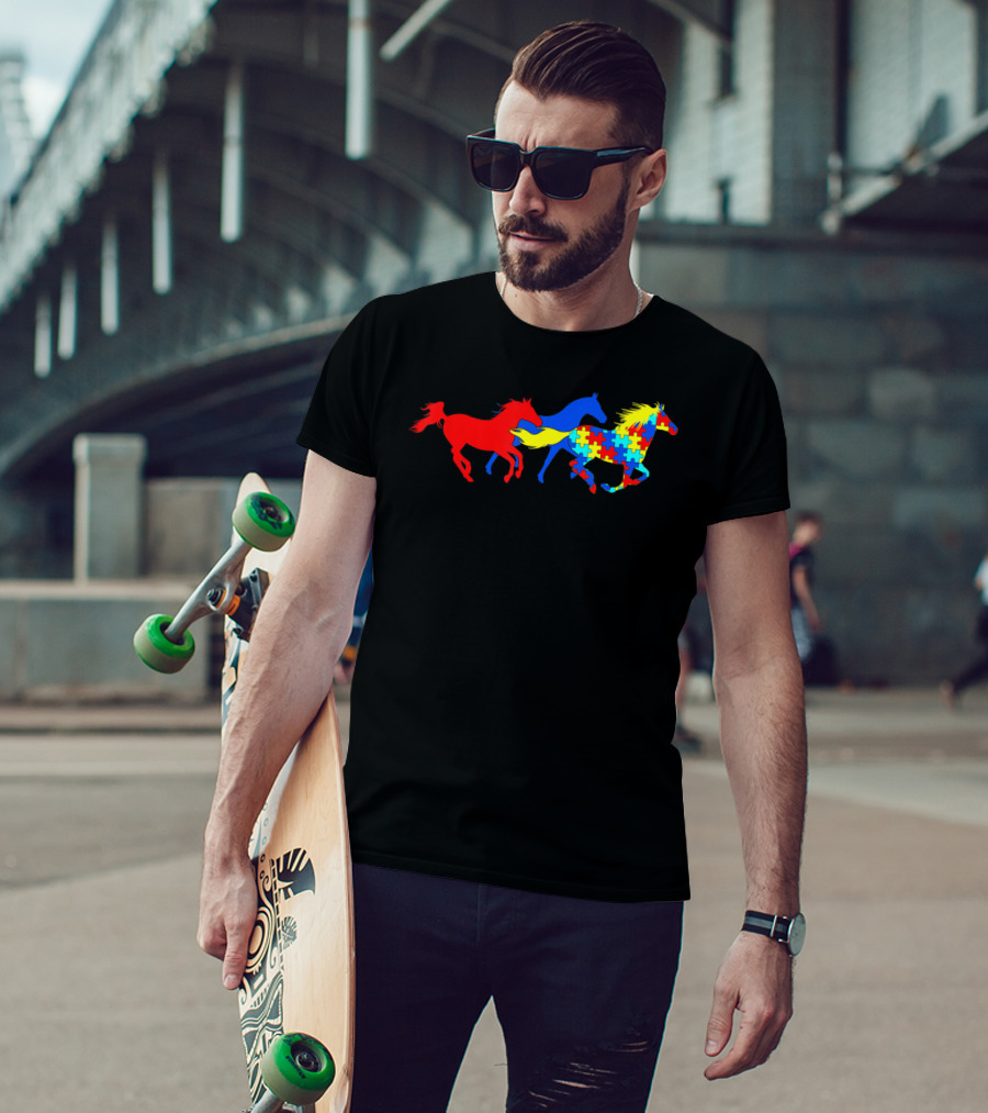 Autism Awareness Colorful Puzzle Horses Running T-Shirt