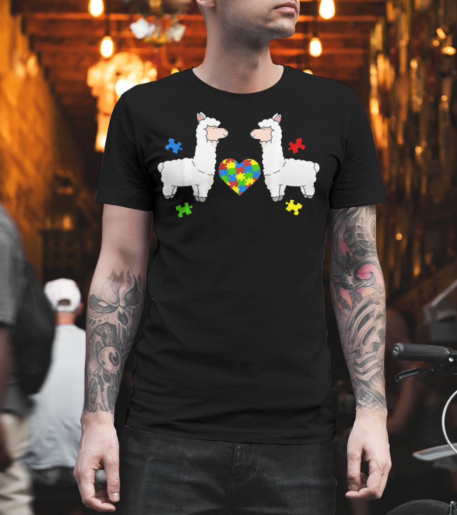 Autism Awareness Llama Puzzle Heart Pieces T-Shirt