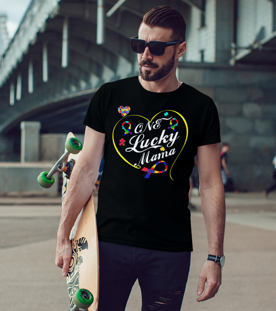 One Lucky Mama Autism Awareness Heart Puzzle T-Shirt
