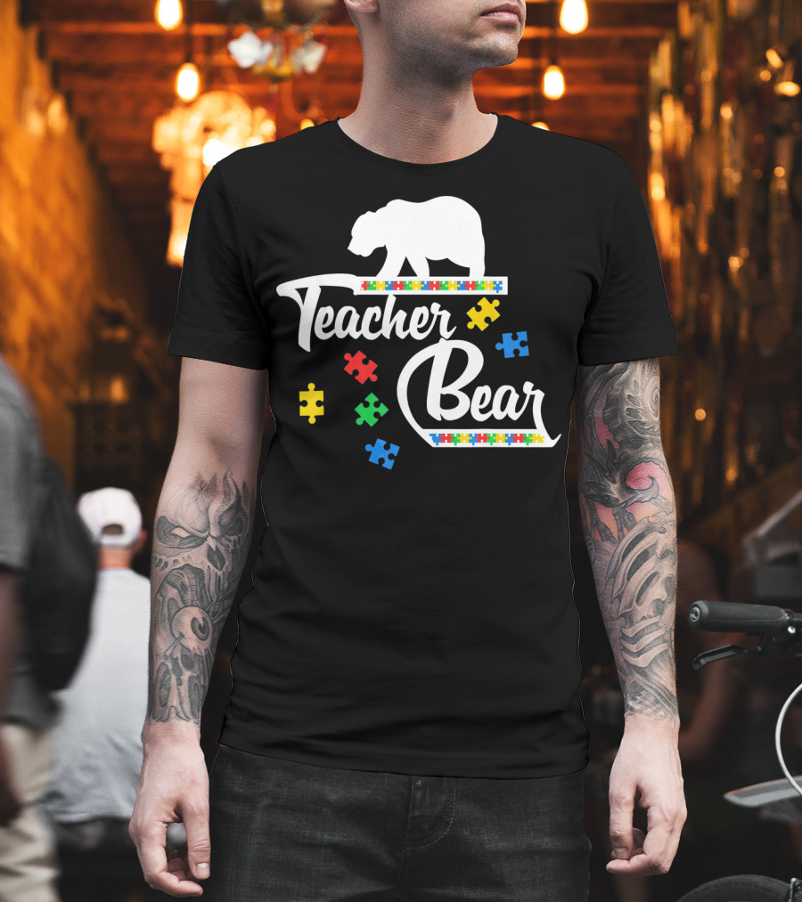 Teacher Bear Autism Awareness Puzzle Pieces T-Shirt