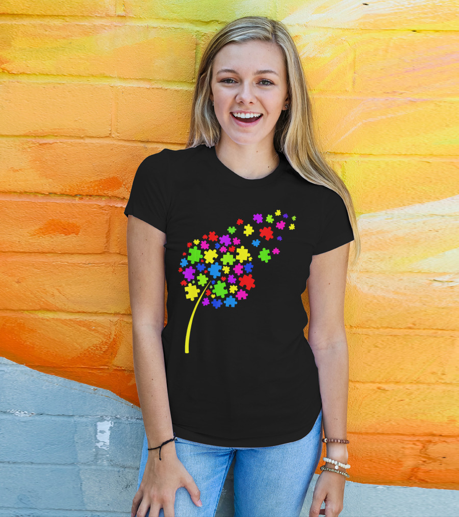 Dandelion Puzzle Pieces Multicolor Autism Awareness T-Shirt