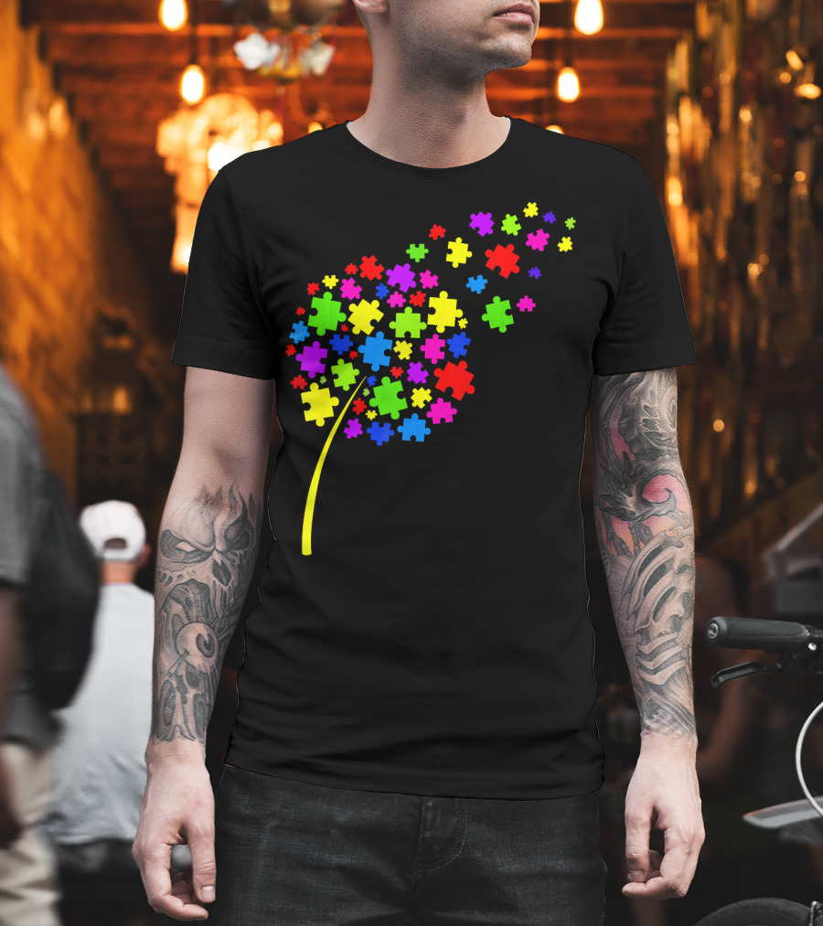 Dandelion Puzzle Pieces Multicolor Autism Awareness T-Shirt