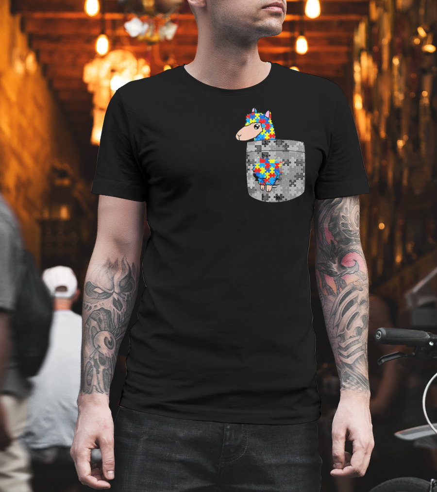 Funny Puzzle Pocket Llama Autism Awareness T-Shirt