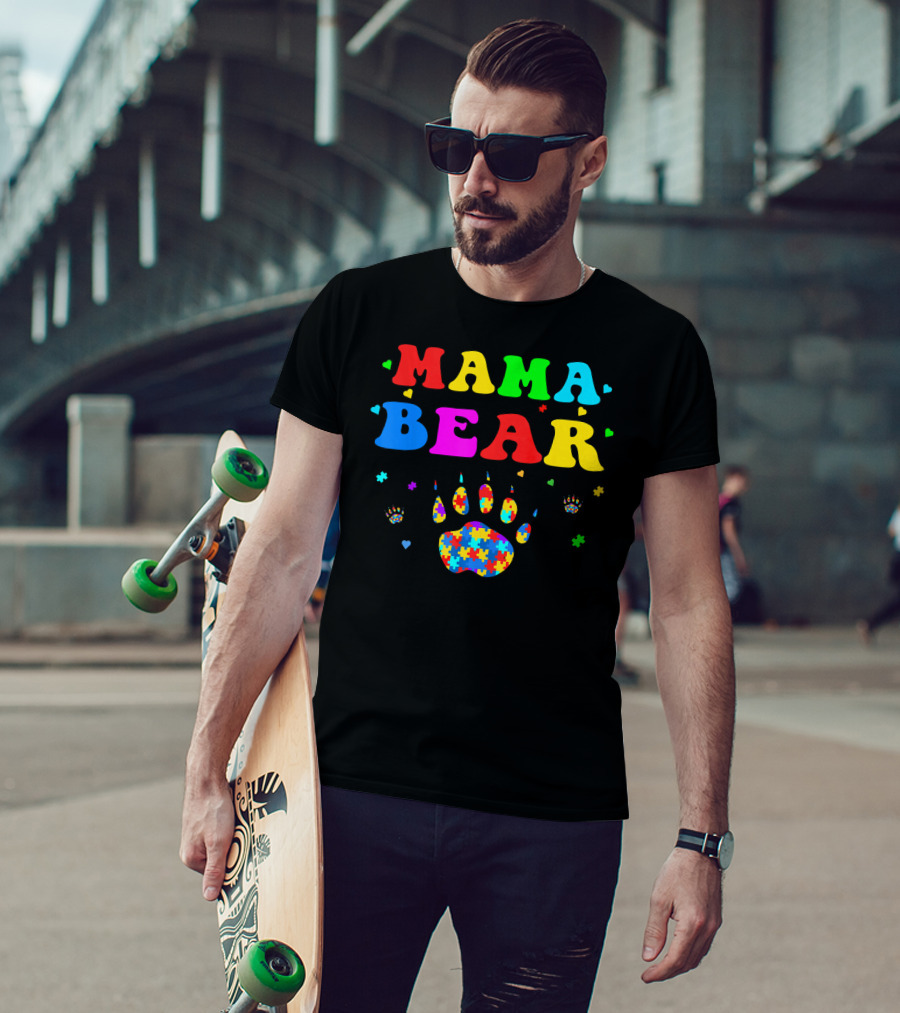 Mama Bear Autism Awareness Paw Puzzle Pieces T-Shirt