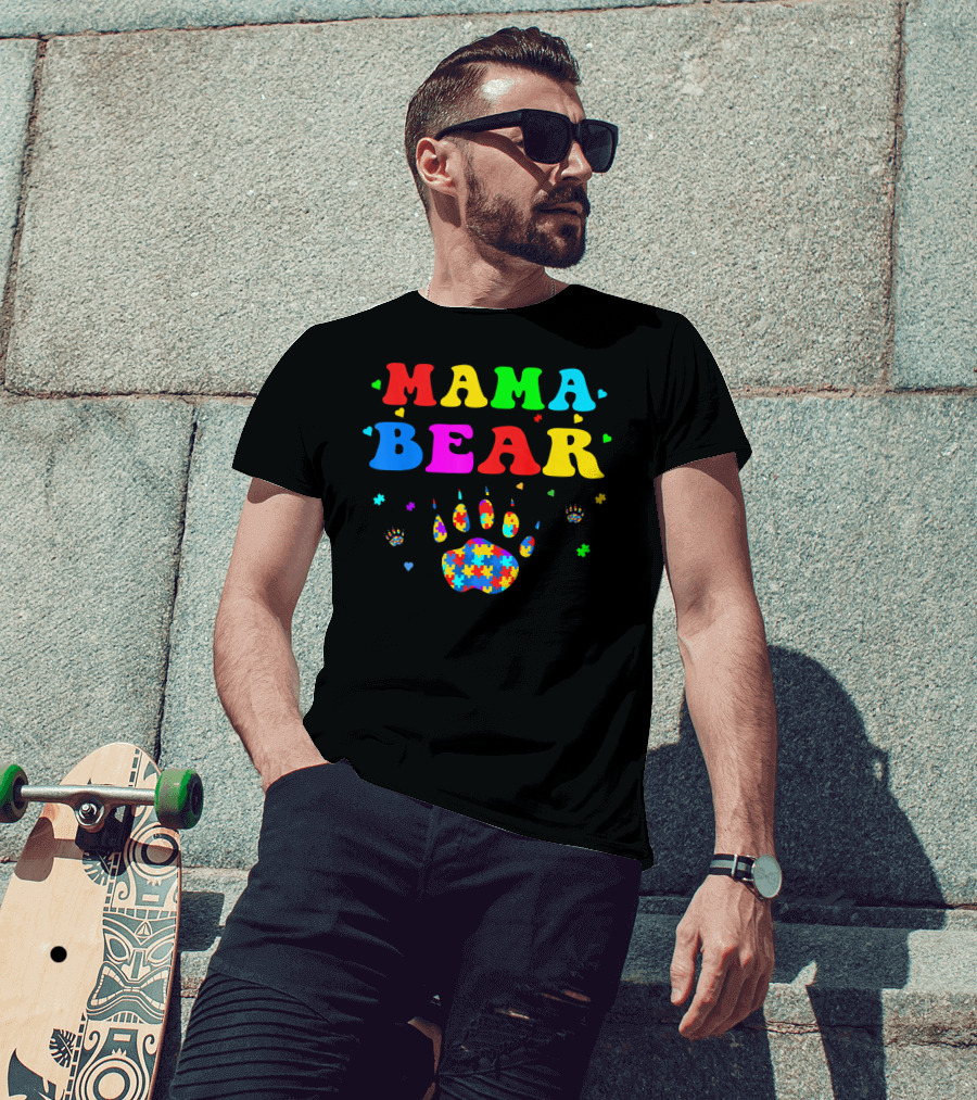 Mama Bear Autism Awareness Paw Puzzle Pieces T-Shirt