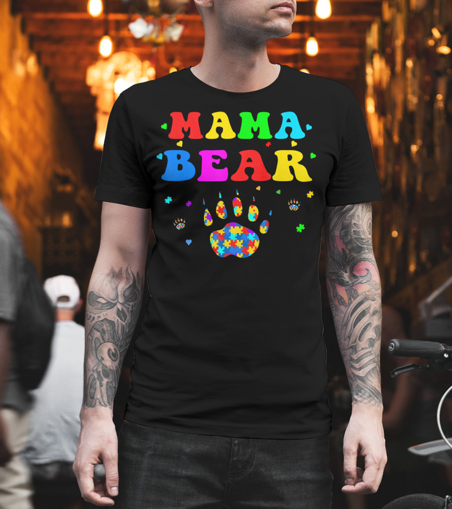 Mama Bear Autism Awareness Paw Puzzle Pieces T-Shirt