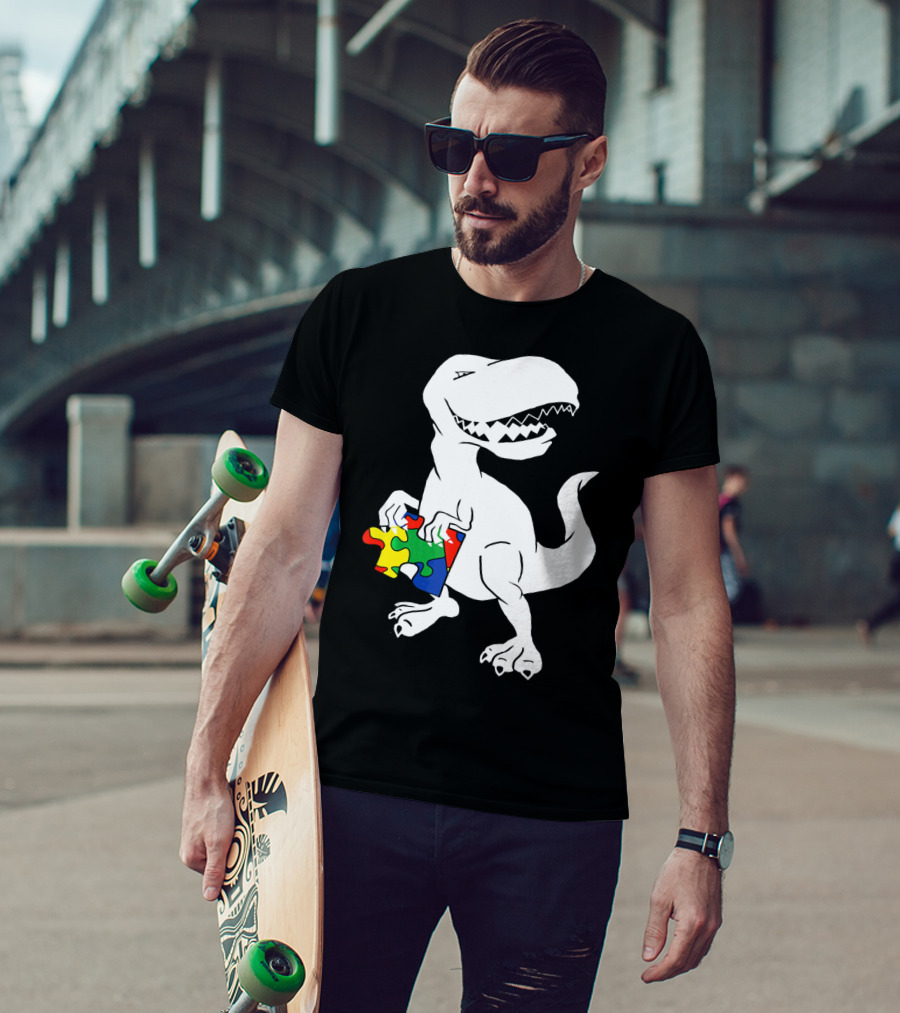 Dinosaur Holding Autism Puzzle Piece Awareness For Tyra T-Shirt