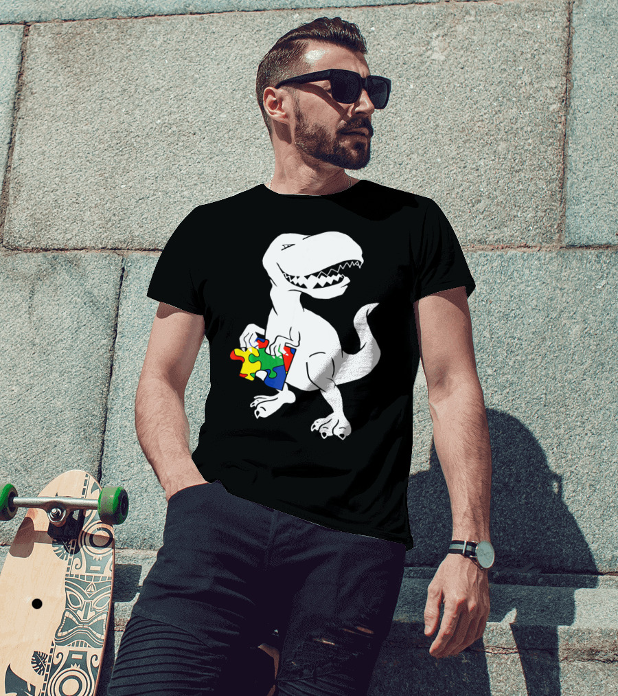 Dinosaur Holding Autism Puzzle Piece Awareness For Tyra T-Shirt