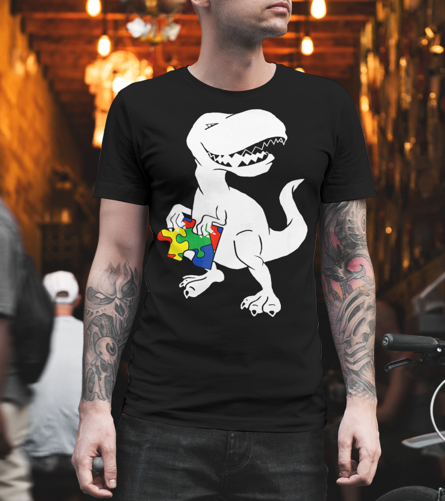 Dinosaur Holding Autism Puzzle Piece Awareness For Tyra T-Shirt