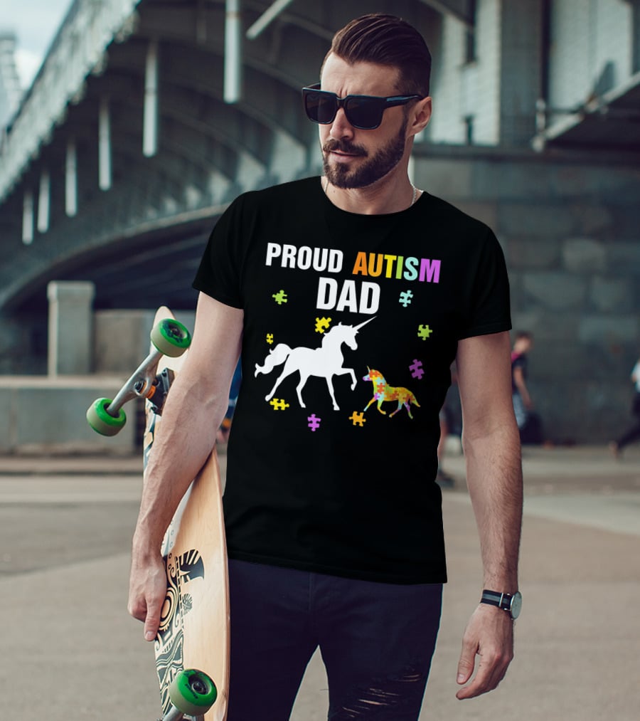 Proud Autism Dad Unicorn Puzzle Autism Awareness T-Shirt