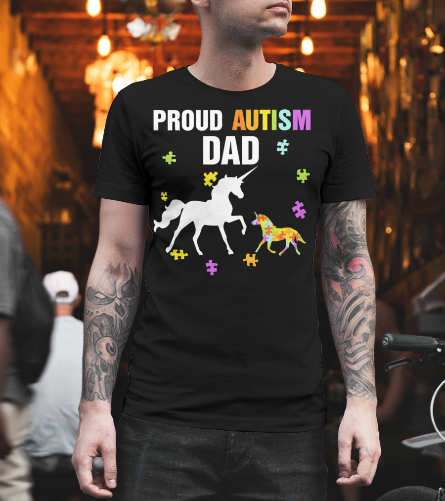 Proud Autism Dad Unicorn Puzzle Autism Awareness T-Shirt