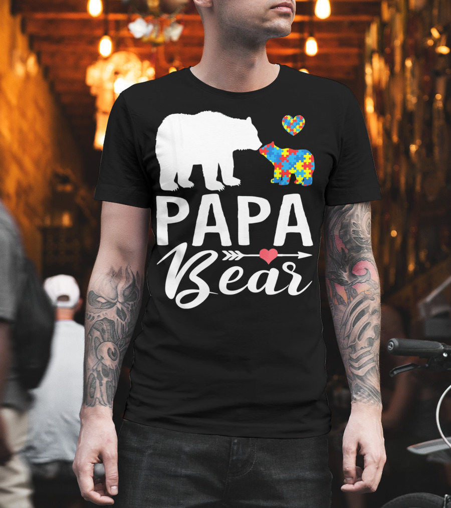 Papa Bear Autism Awareness Love Puzzle Heart Bear T-Shirt