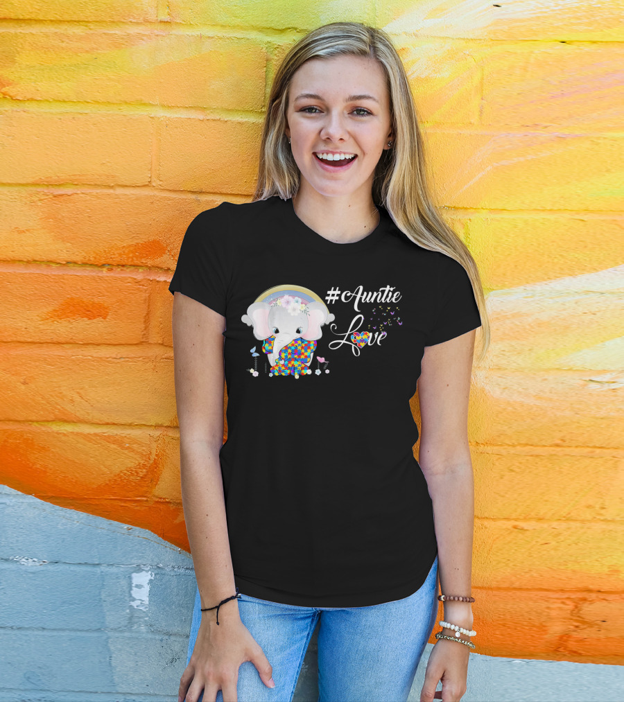 Auntie Love Autism Awareness Elephant With Colorful Puzzle Pattern And Rainbow T-Shirt