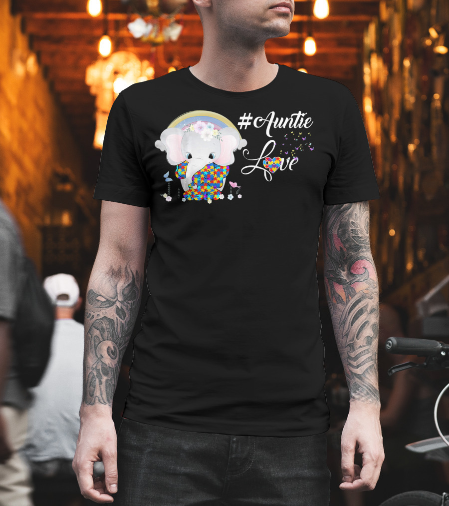 Auntie Love Autism Awareness Elephant with Colorful Puzzle Pattern and Rainbow T-Shirt