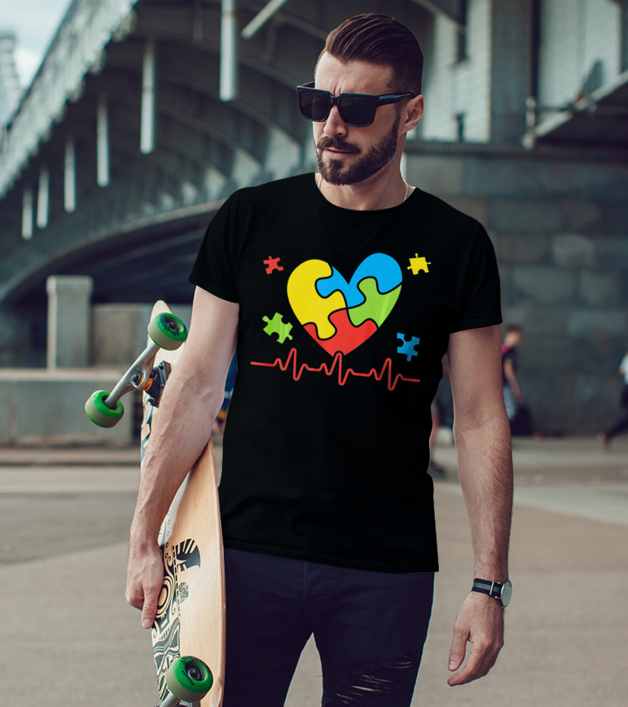 Autism Awareness Heart Puzzle Piece With Heartbeat Line T-Shirt