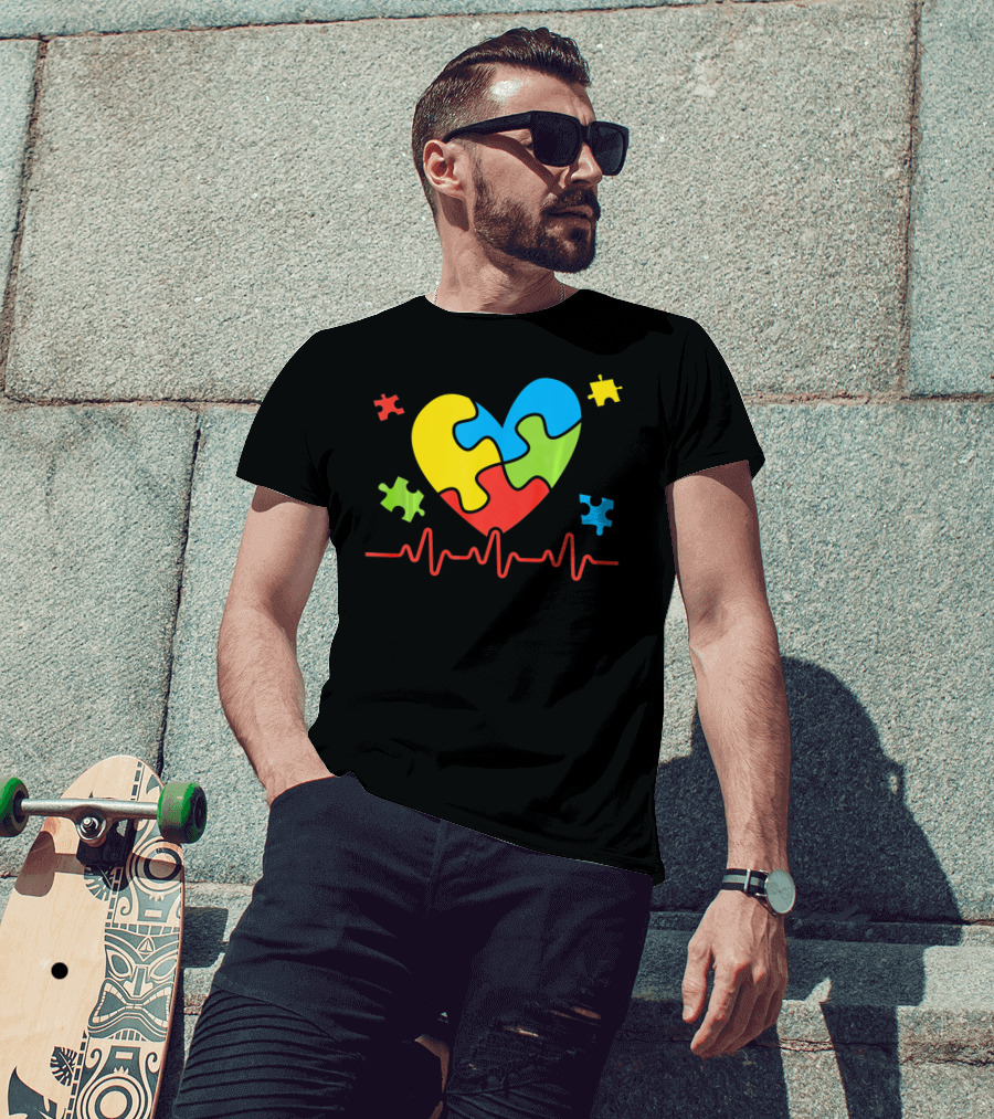 Autism Awareness Heart Puzzle Piece With Heartbeat Line T-Shirt