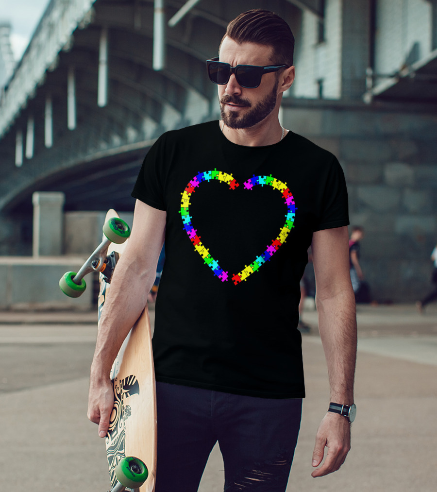 Autism Spectrum Awareness Puzzle Pieces Rainbow Heart T-Shirt