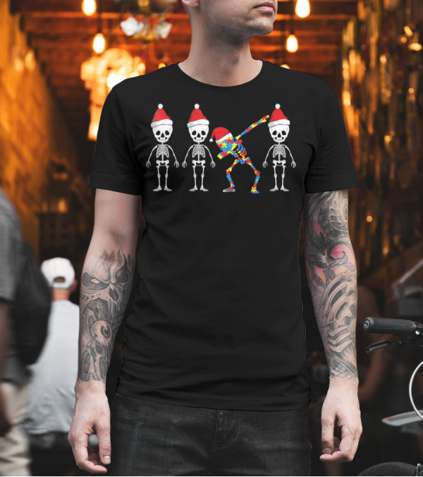 Autism Awareness Puzzle Skeleton Dabbing Santa Hat Trio T-Shirt Autism Awareness Puzzle Skeleton Dabbing Santa Hat Trio T-Shirt