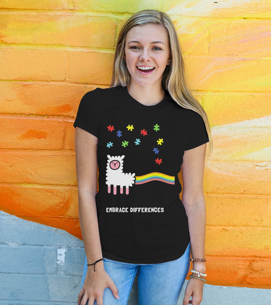 Embrace Differences Autism Awareness Llama Rainbow Puzzle Pieces T-Shirt