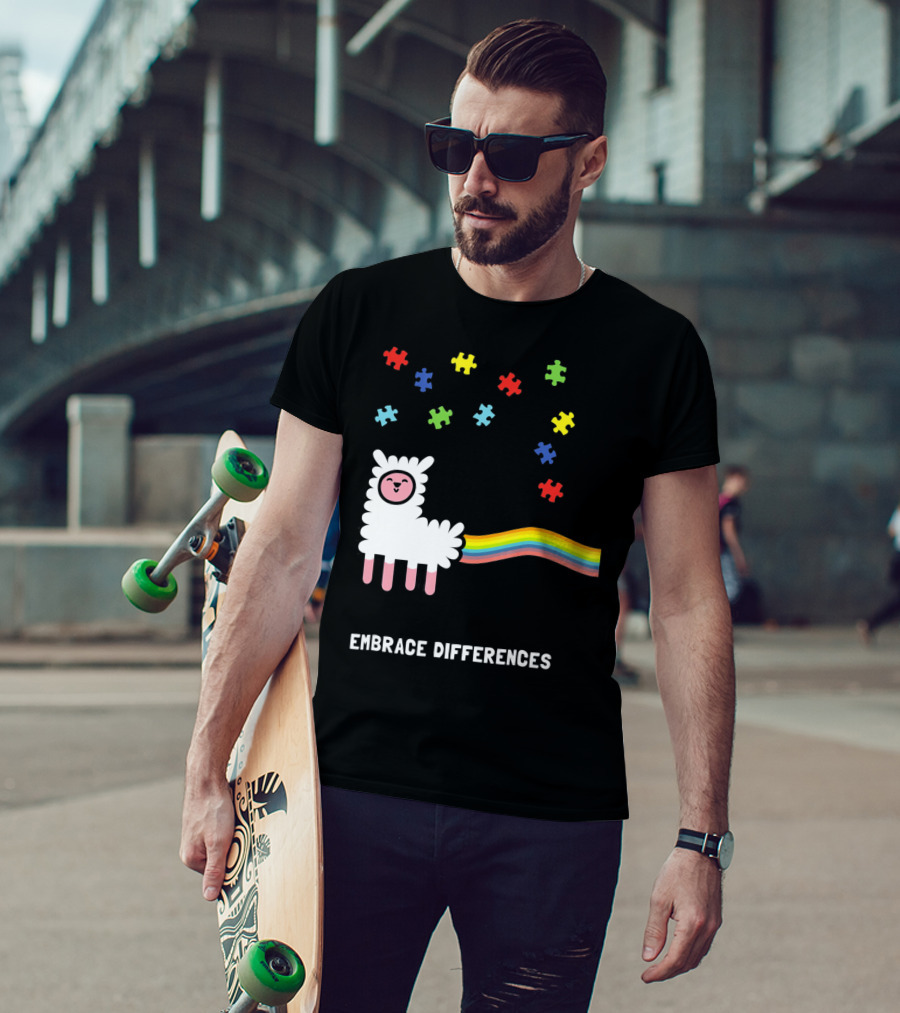 Embrace Differences Autism Awareness Llama Rainbow Puzzle Pieces T-Shirt
