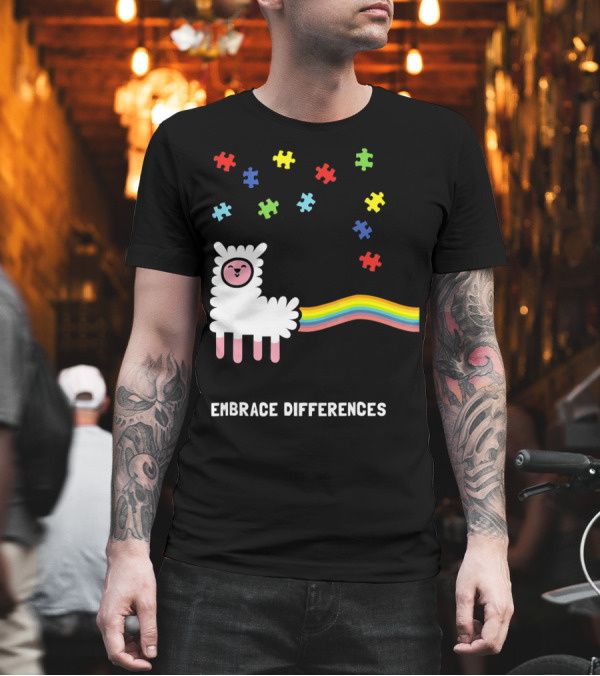 Embrace Differences Autism Awareness Llama Rainbow Puzzle Pieces T-Shirt Embrace Differences Autism Awareness Llama Rainbow Puzzle Pieces T-Shirt